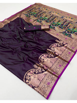 Elegant Purple Satin Saree with Intricate Zari Weaving and Peacock Motif - Image 2