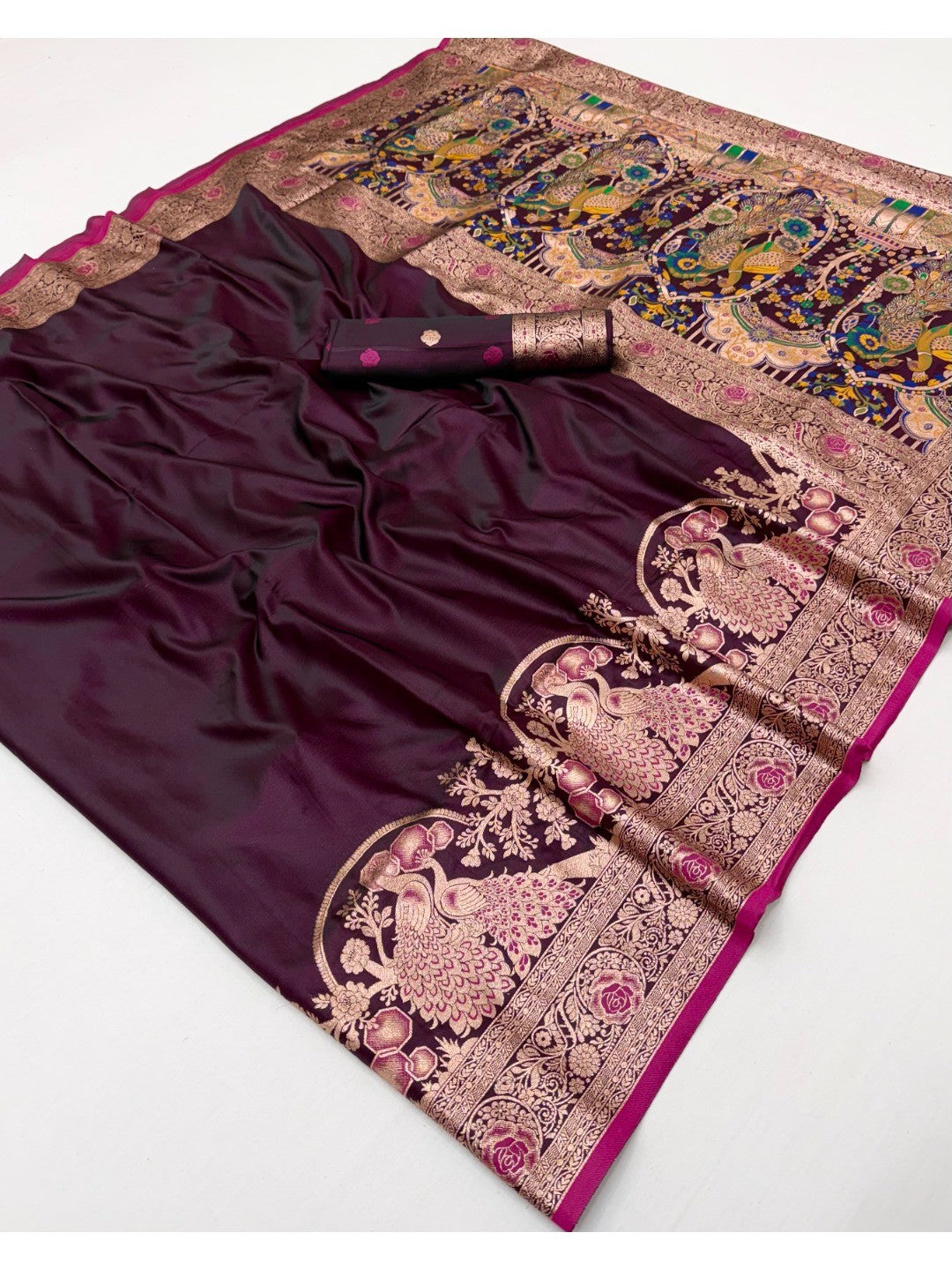 Elegant Wine Satin Silk Saree with Elaborate Peacock Zari Weaving - Image 3