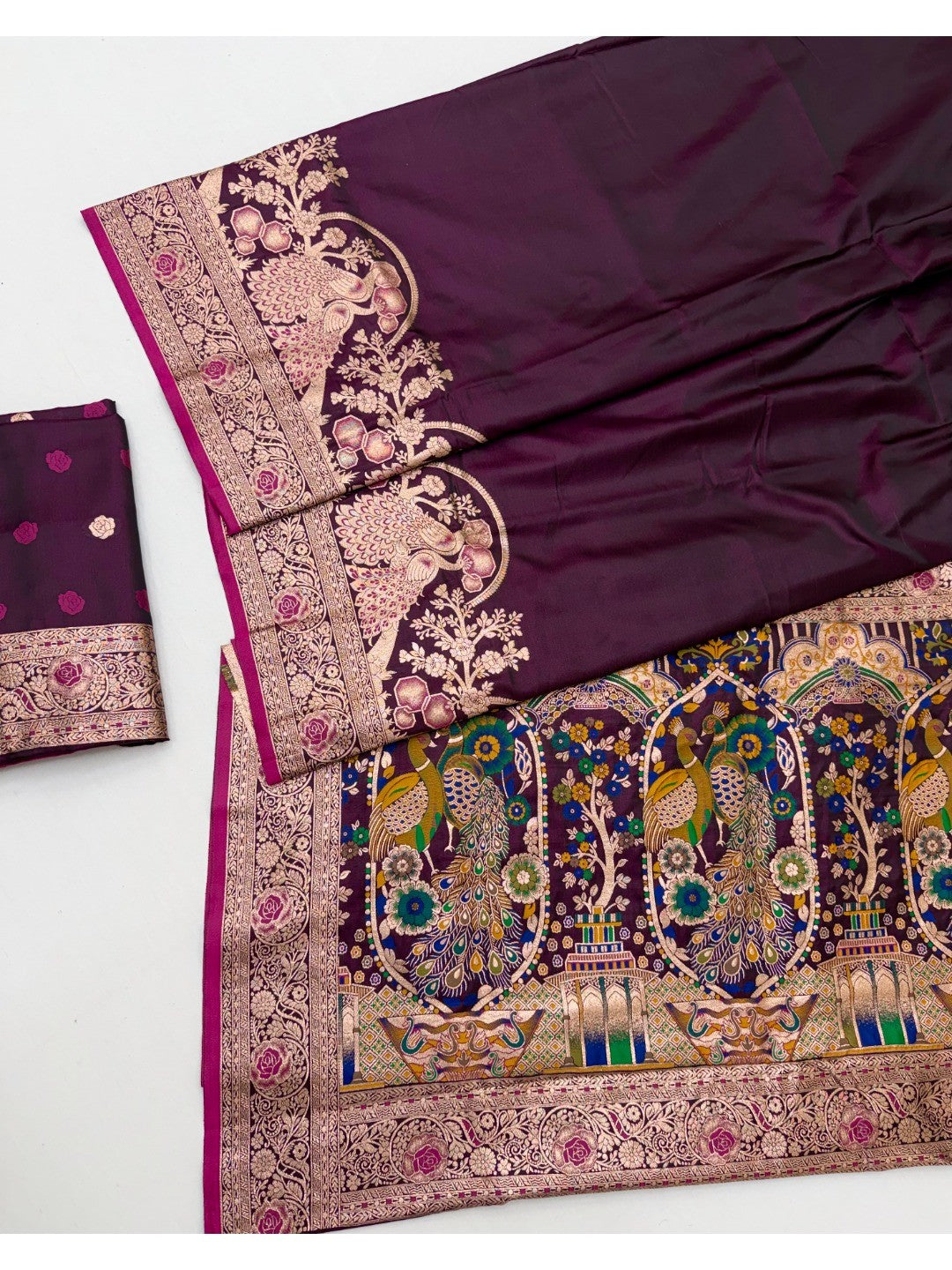 Elegant Wine Satin Silk Saree with Elaborate Peacock Zari Weaving - Image 2