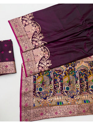 Elegant Wine Satin Silk Saree with Elaborate Peacock Zari Weaving - Image 2
