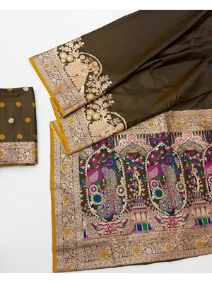 Elegant Green Satin Silk Saree with Intricate Zari Weaving and Floral Motifs - Image 2