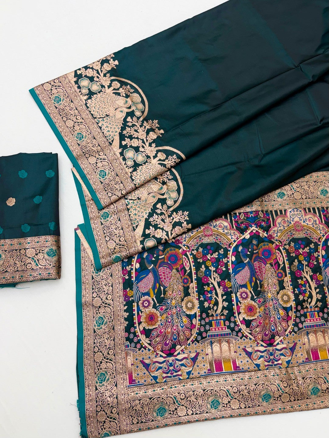 Rama Green Satin Silk Saree with Elaborate Zari Weaving and Peacock Motifs - Image 2