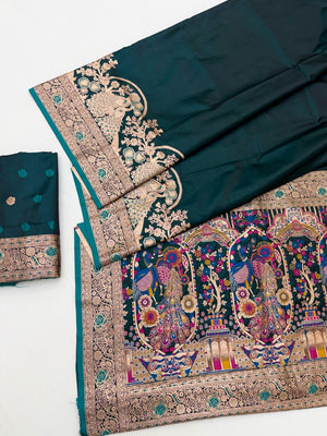 Rama Green Satin Silk Saree with Elaborate Zari Weaving and Peacock Motifs - Image 2
