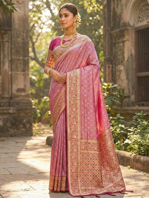 Exquisite Pink Floral Zari Woven Banarasi Silk Saree With Rich Tassels Pallu - Image 1