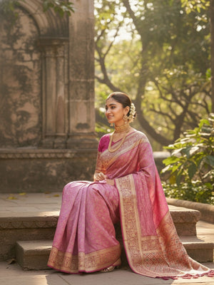 Exquisite Pink Floral Zari Woven Banarasi Silk Saree With Rich Tassels Pallu - Image 2