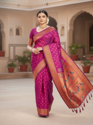 Classic Magenta Floral Banarasi Silk Weaving Paithani Saree With Decorative Peacock Motif Pallu - Image 1