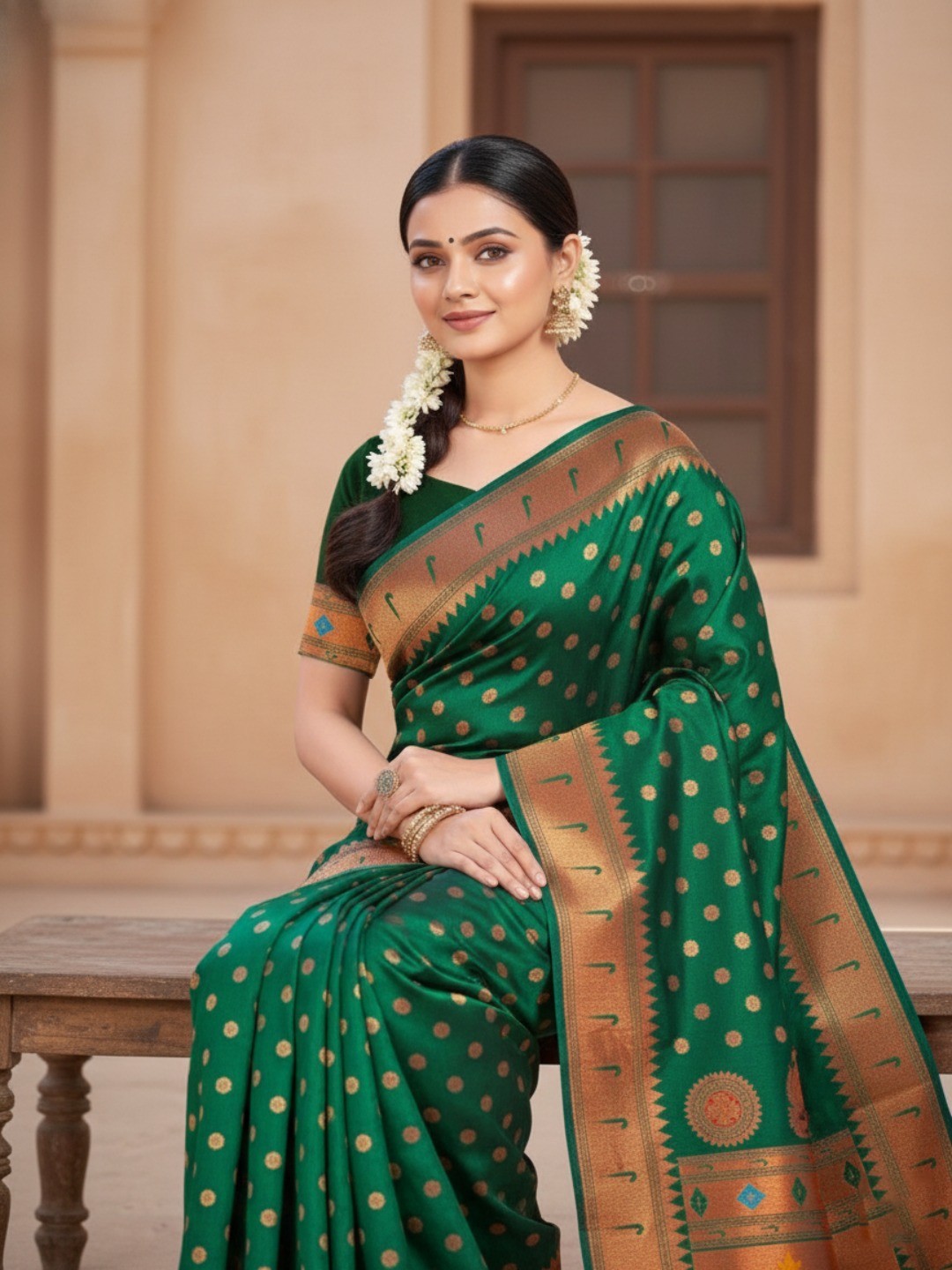 Classic Green Floral Banarasi Silk Weaving Paithani Saree With Decorative Peacock Motif Pallu - Image 3