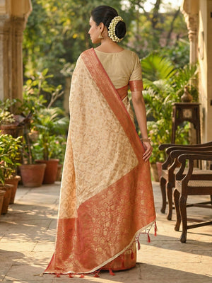 Luxurious Cream Banarasi Silk Saree With Floral Zari Weaving & Tassels Pallu - Image 2