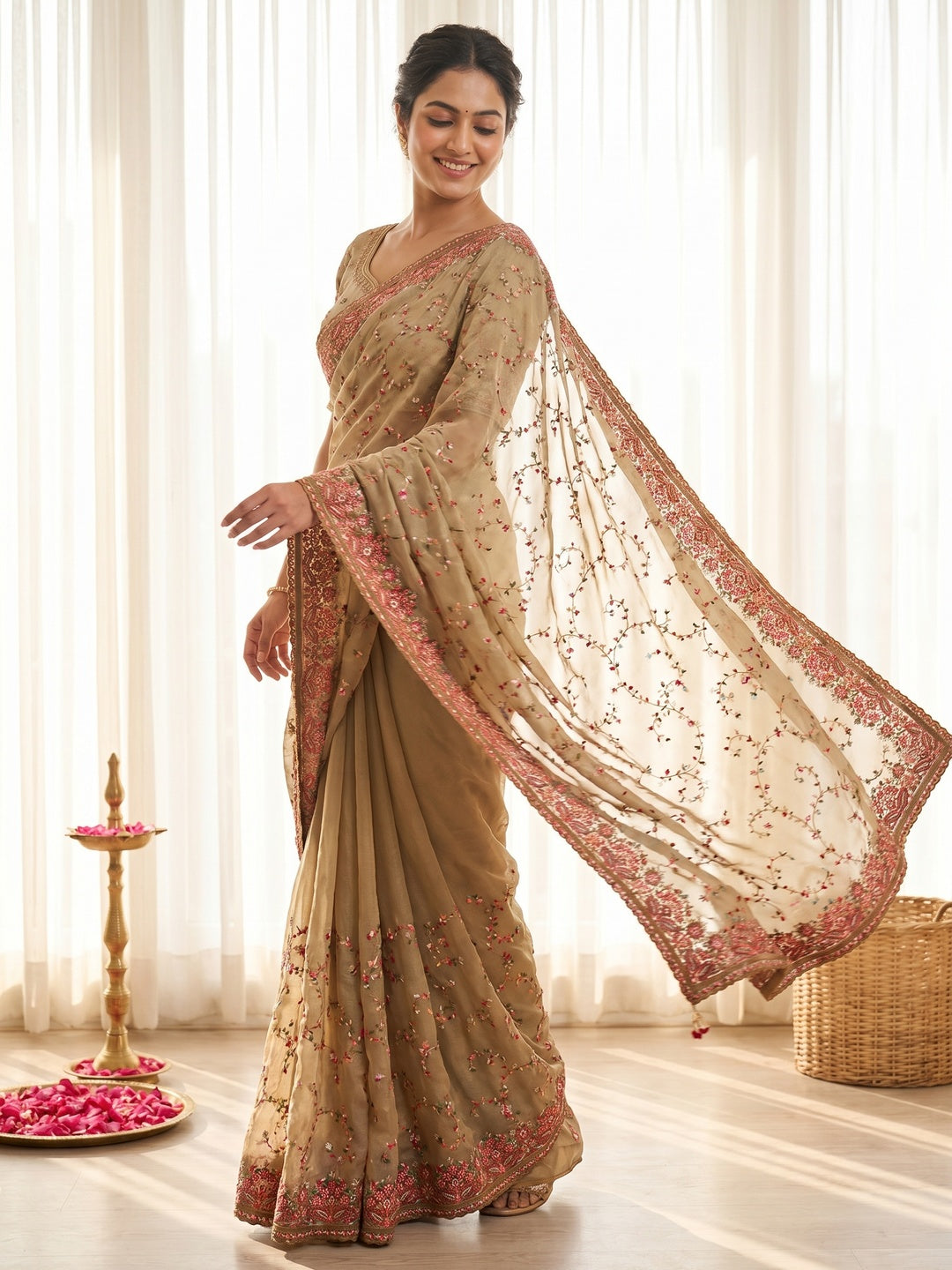 Elegant Beige Georgette Saree with Intricate Thread Work Embroidery - Image 1