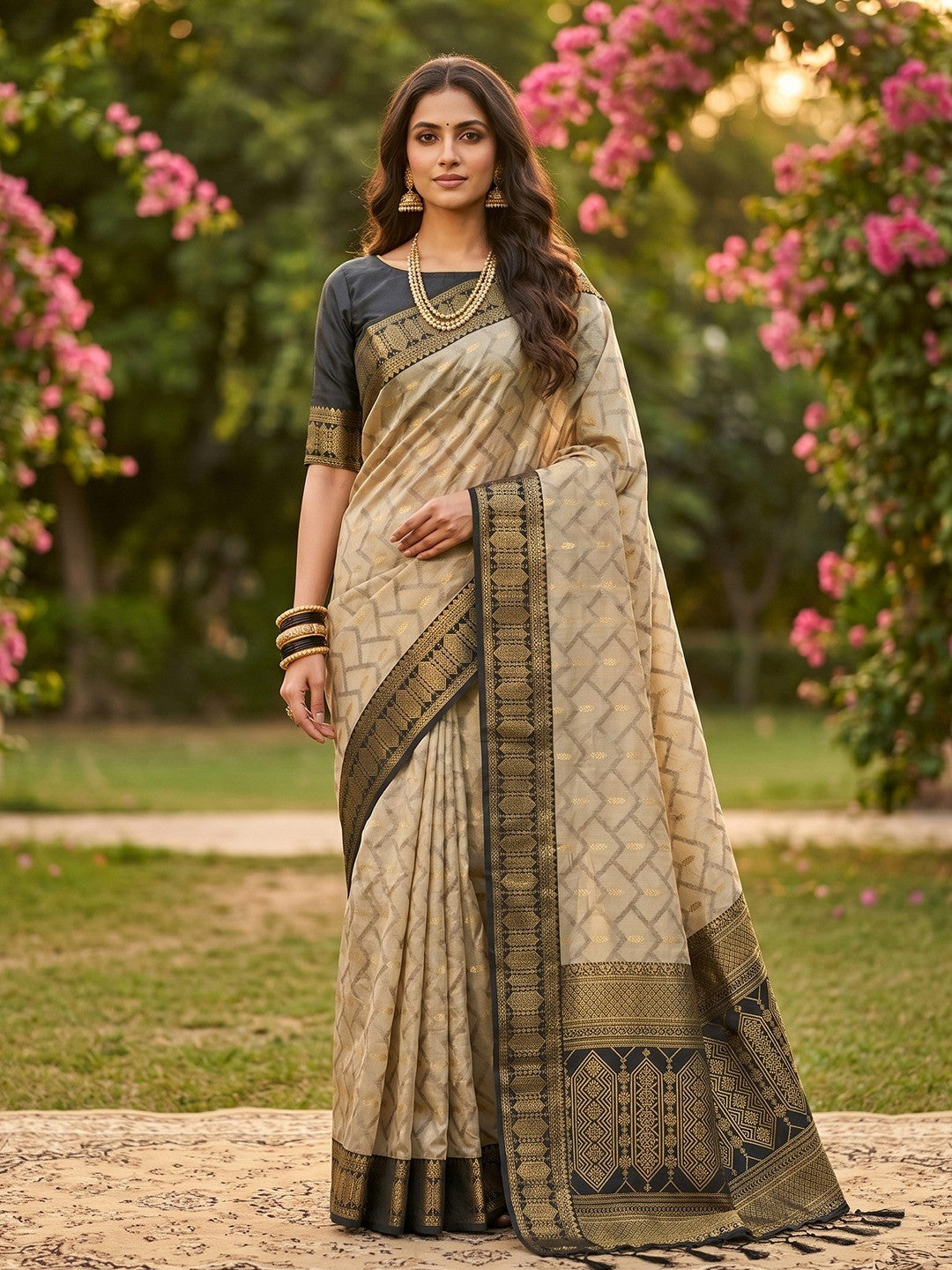 Chikoo Geometric Pattern Zari Weaving Cotton Silk Saree With Elegant Tassel Pallu Work - Image 1