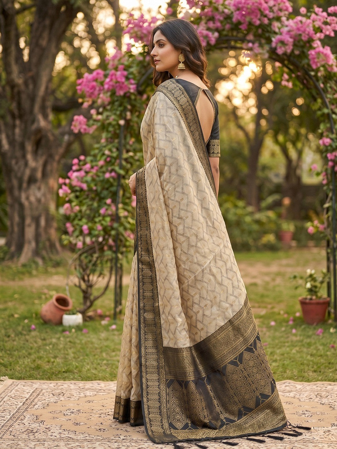 Chikoo Geometric Pattern Zari Weaving Cotton Silk Saree With Elegant Tassel Pallu Work - Image 2