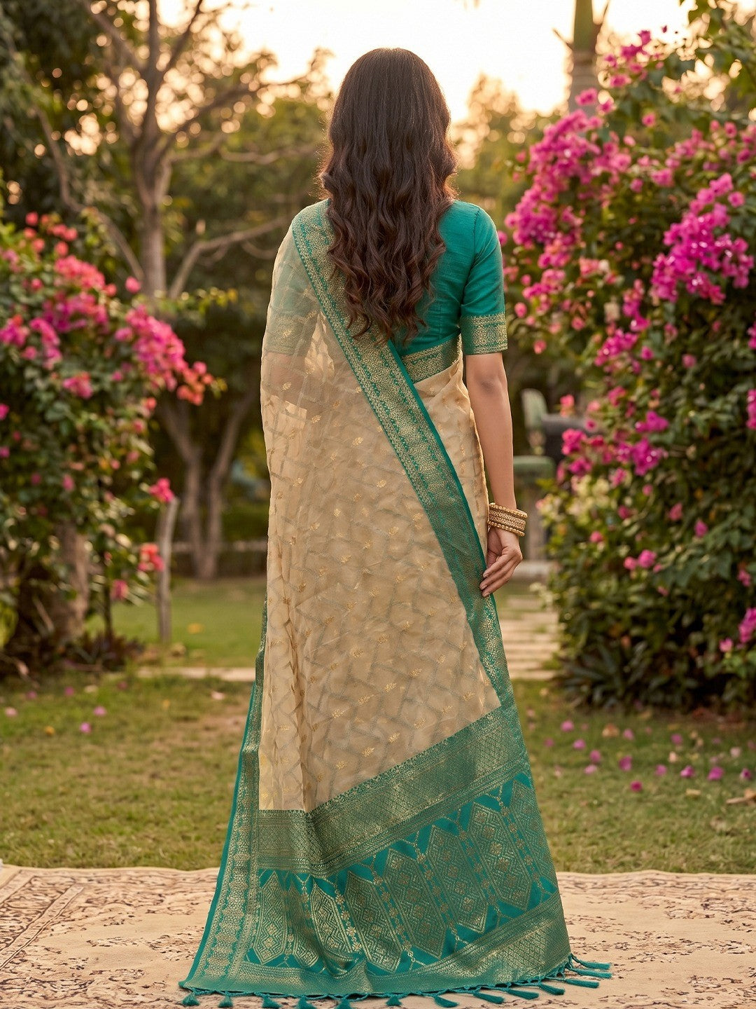 Graceful Chikoo Cotton Silk Saree With Intricate Geometric Zari Weaving & Contrast Rama Blue Border Pallu - Image 2