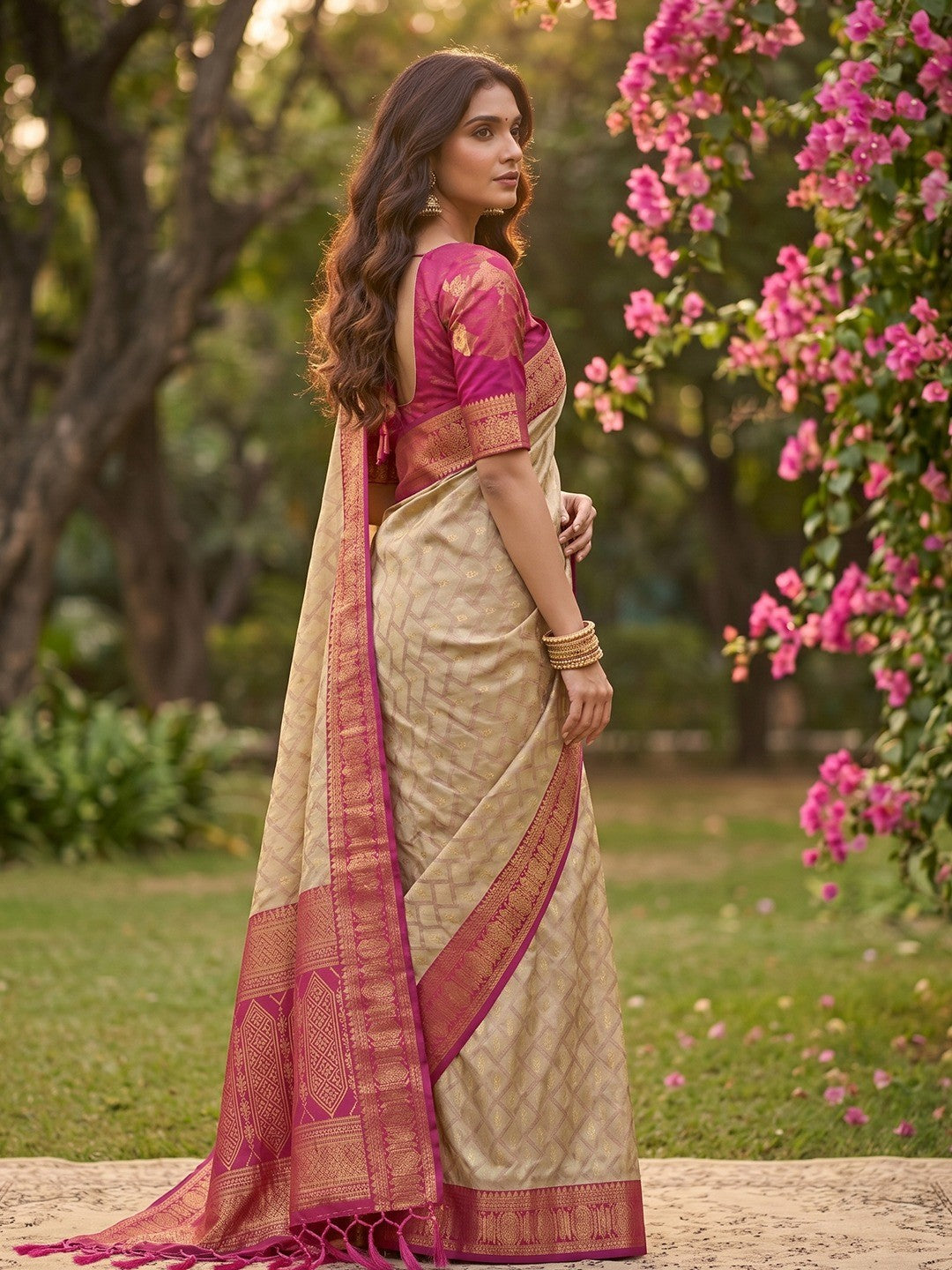 Graceful Chikoo Cotton Silk Saree With Intricate Geometric Zari Weaving & Contrast Pink Border Pallu - Image 3