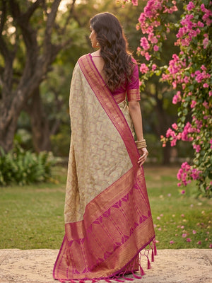 Graceful Chikoo Cotton Silk Saree With Intricate Geometric Zari Weaving & Contrast Pink Border Pallu - Image 2