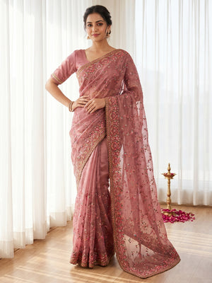 Elegant Pink Georgette Saree with Intricate Thread Work in Kashmiri Embroidery - Image 1