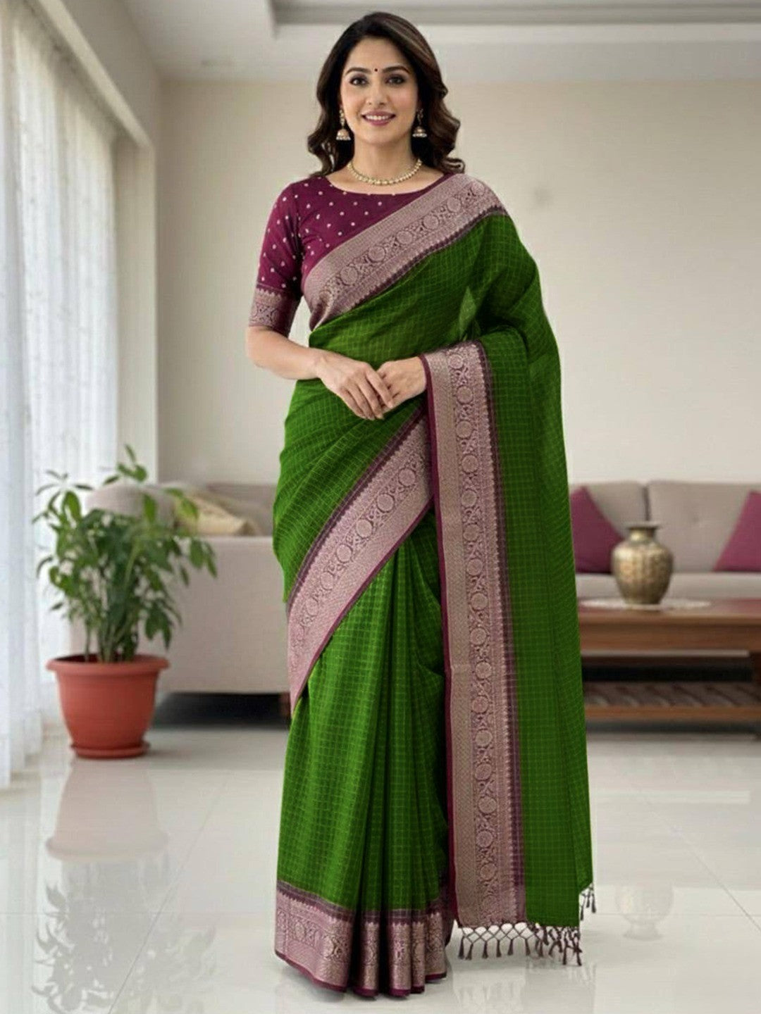Traditional Green Check Pattern Dola Silk Saree Highlighted with Jacquard Border Work & Tassel Pallu - Image 1