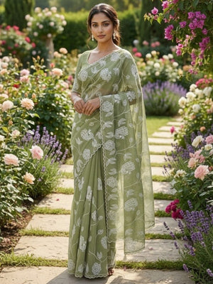 Pista Green Gold Crush Silk Blend Saree Adorned With Floral & Peacock Motif Thread Embroidery Work - Image 1