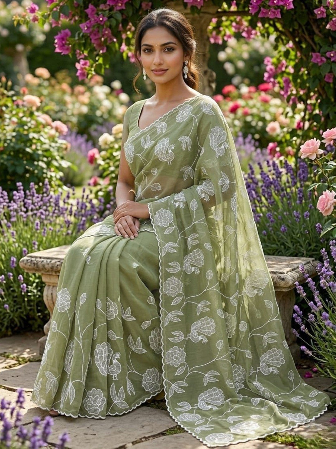 Pista Green Gold Crush Silk Blend Saree Adorned With Floral & Peacock Motif Thread Embroidery Work - Image 4