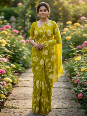 Warm Olive Gold Crush Silk Blend Saree Adorned With Floral & Peacock Motif Thread Embroidery Work - Image 1