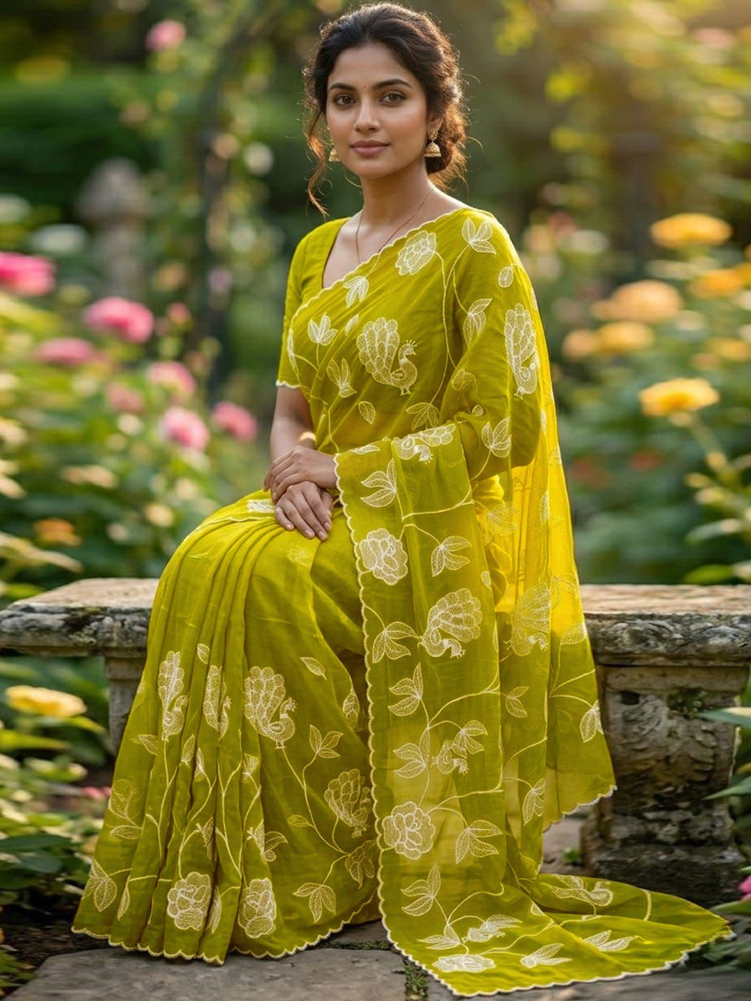 Warm Olive Gold Crush Silk Blend Saree Adorned With Floral & Peacock Motif Thread Embroidery Work - Image 2