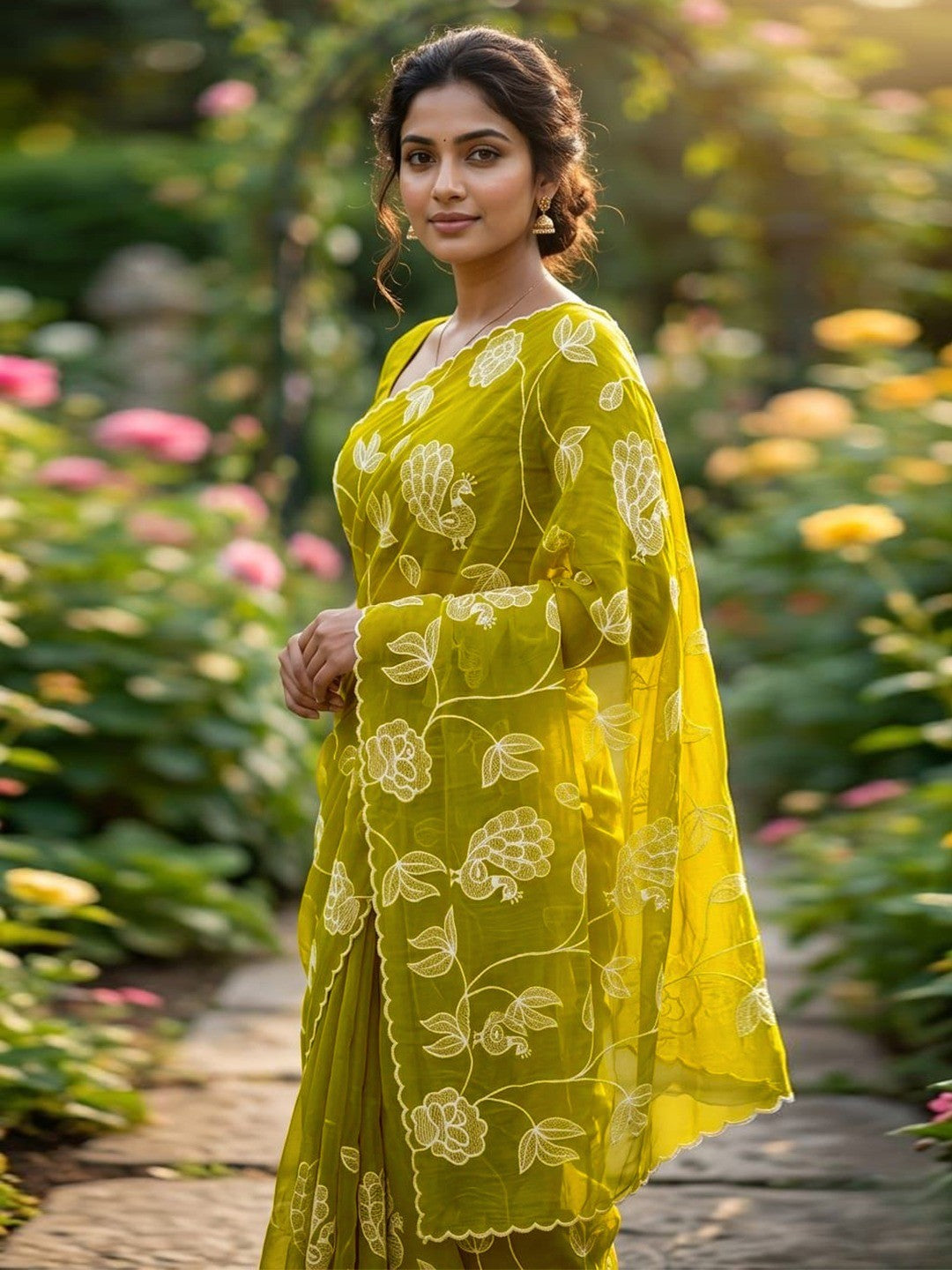Warm Olive Gold Crush Silk Blend Saree Adorned With Floral & Peacock Motif Thread Embroidery Work - Image 4