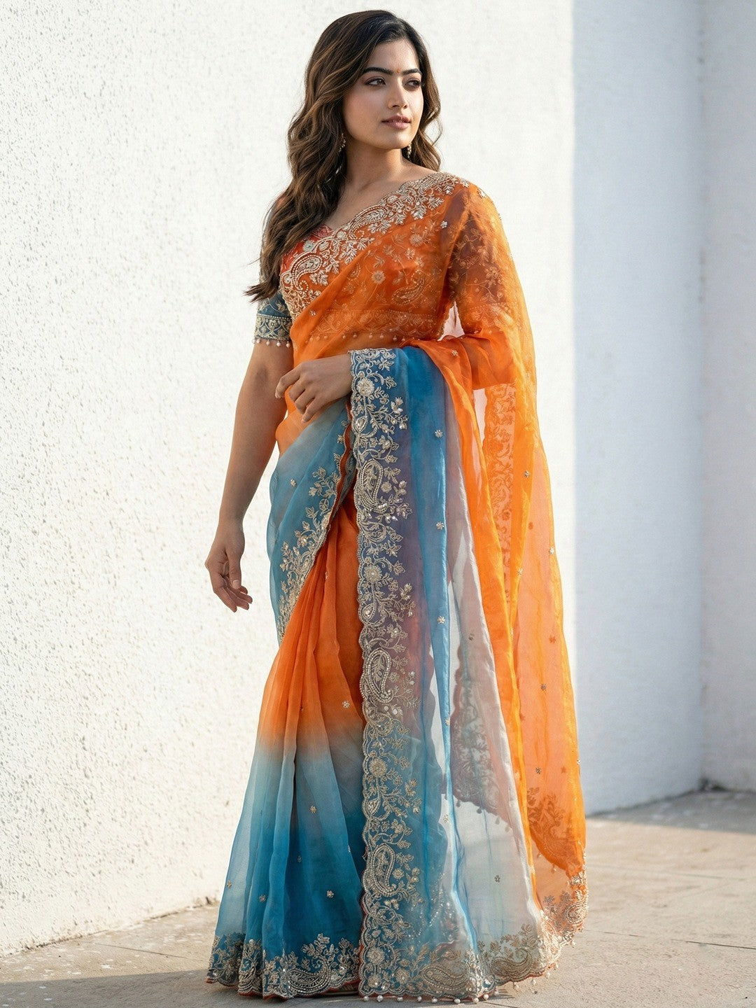 Orange & Blue Floral Organza Satin Silk Saree With Sequins Embroidery And Pearl Accent Pallu - Image 1
