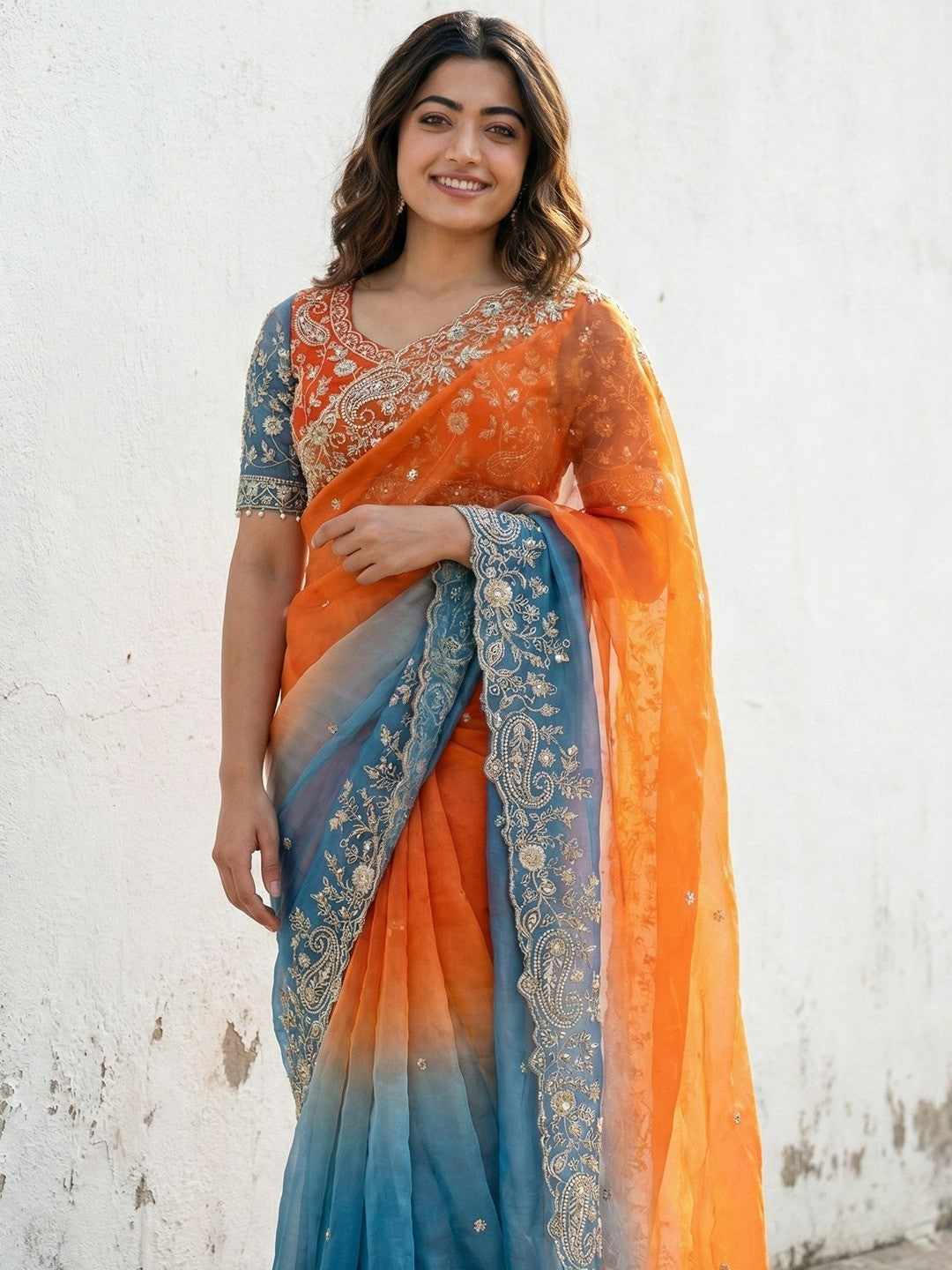 Orange & Blue Floral Organza Satin Silk Saree With Sequins Embroidery And Pearl Accent Pallu - Image 3