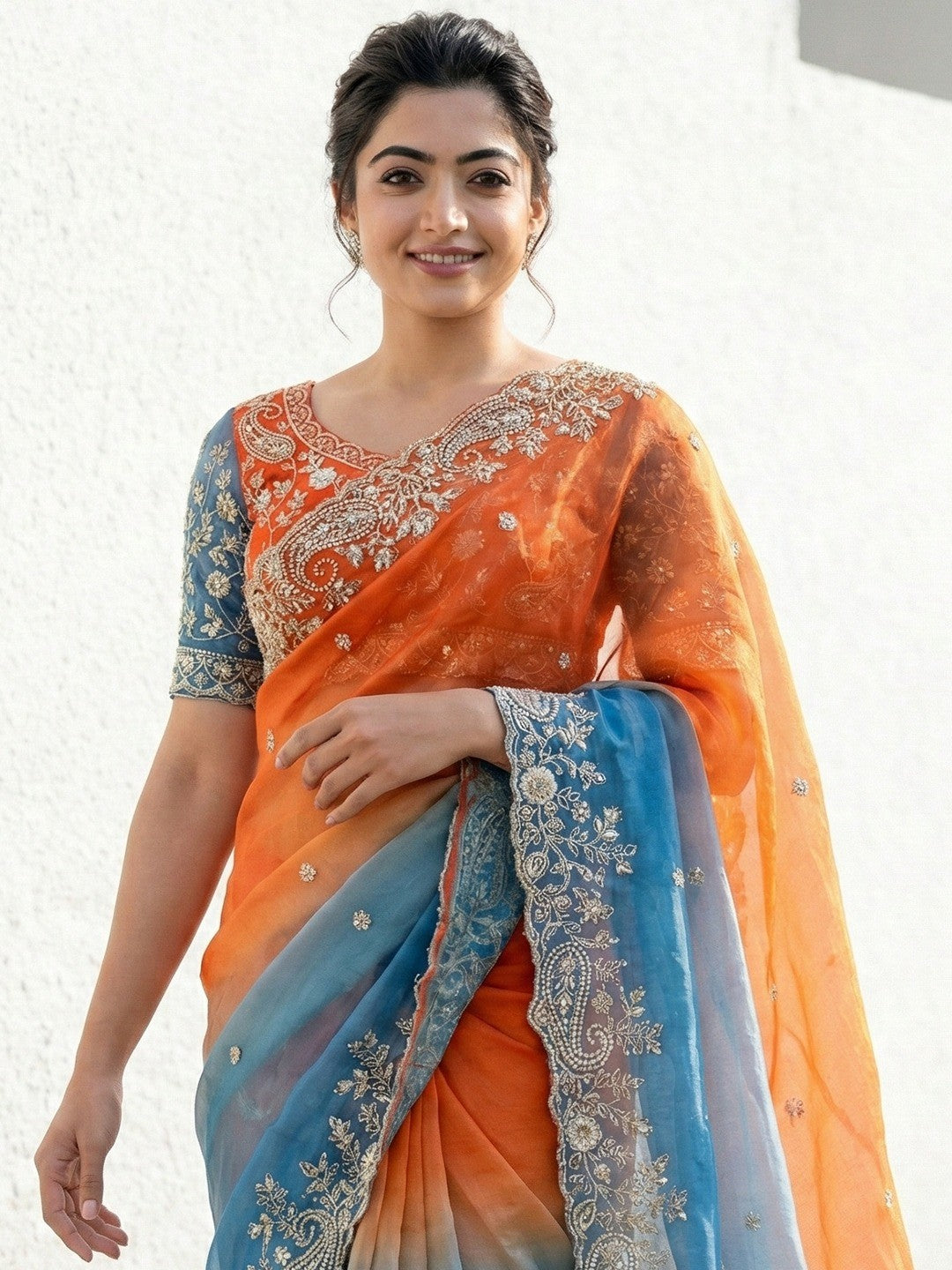 Orange & Blue Floral Organza Satin Silk Saree With Sequins Embroidery And Pearl Accent Pallu - Image 2