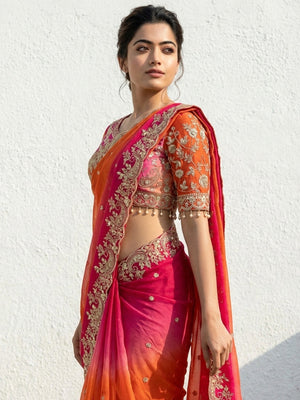 Orange & Pink Floral Organza Satin Silk Saree With Sequins Embroidery And Pearl Accent Pallu - Image 2