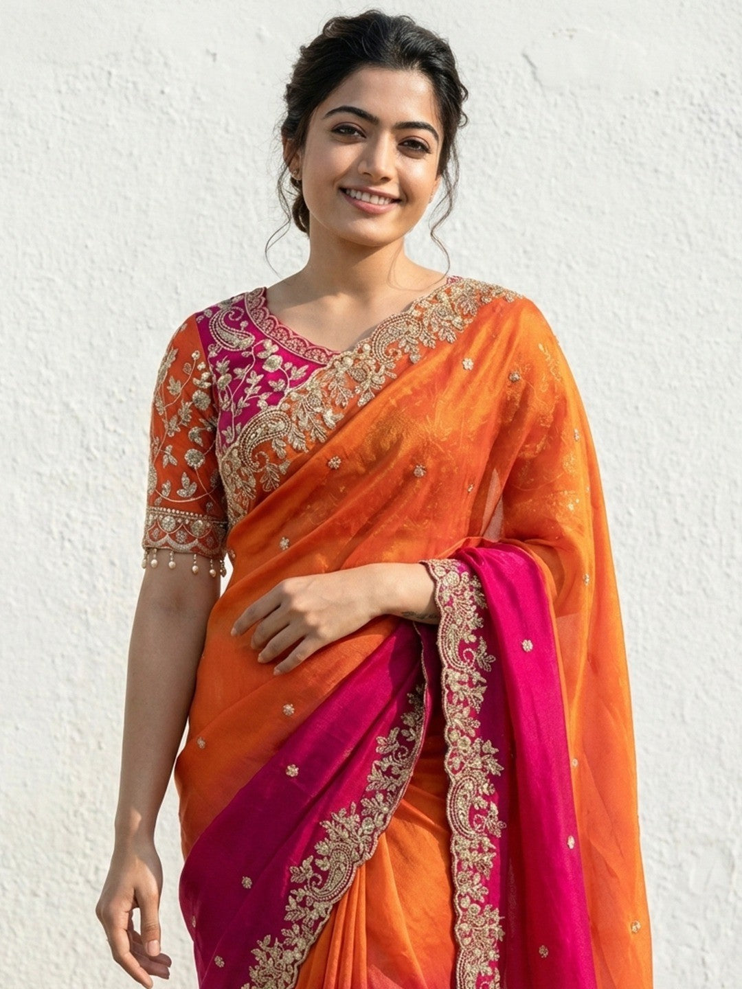 Orange & Pink Floral Organza Satin Silk Saree With Sequins Embroidery And Pearl Accent Pallu - Image 4