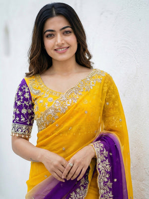 Yellow & Purple Floral Organza Satin Silk Saree With Sequins Embroidery And Pearl Accent Pallu - Image 2