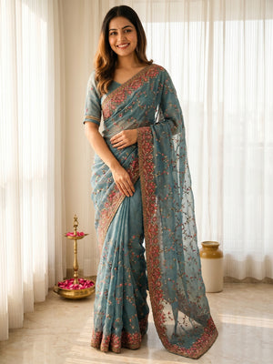 Elegant Rama Blue Georgette Saree with Intricate Thread Work in Kashmiri Style - Image 1