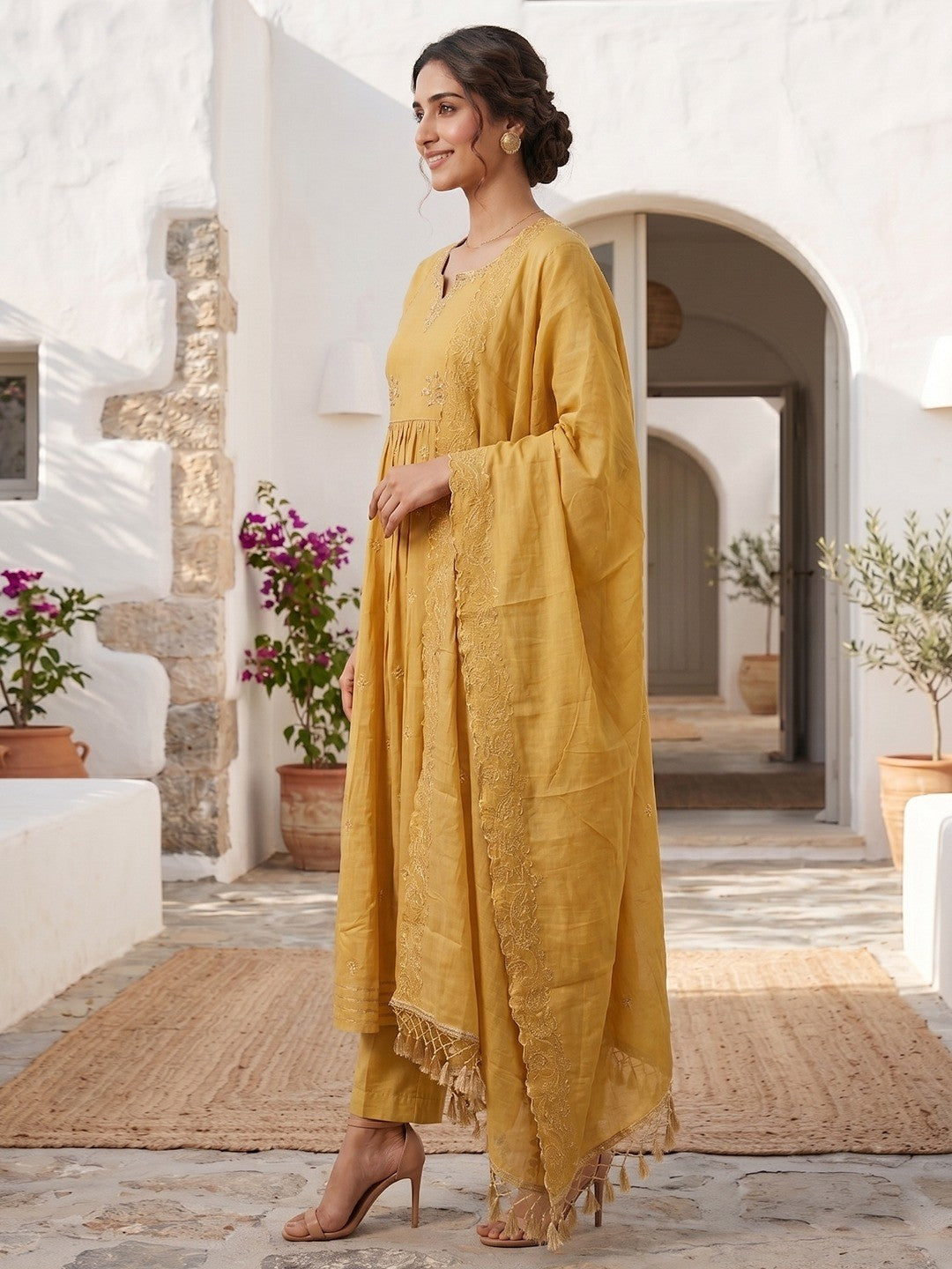 Designer Yellow Mulmul Cotton A Line Suit Set with Embroidered Dupatta Traditional Appeal - Image 4