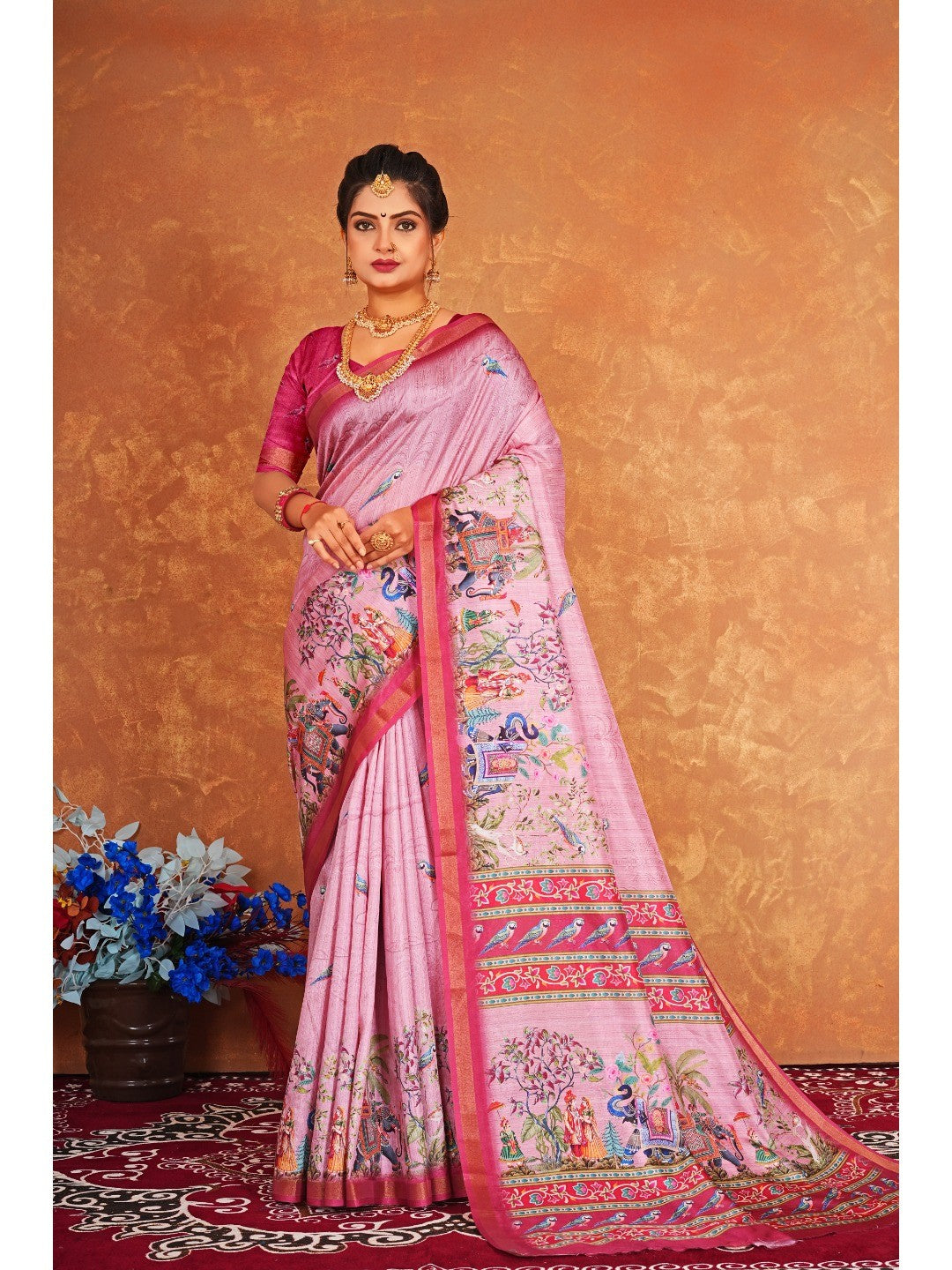 Traditional Pink Elephant & Floral Heritage Digital Printed Dola Silk Saree With Zari Border - Image 1