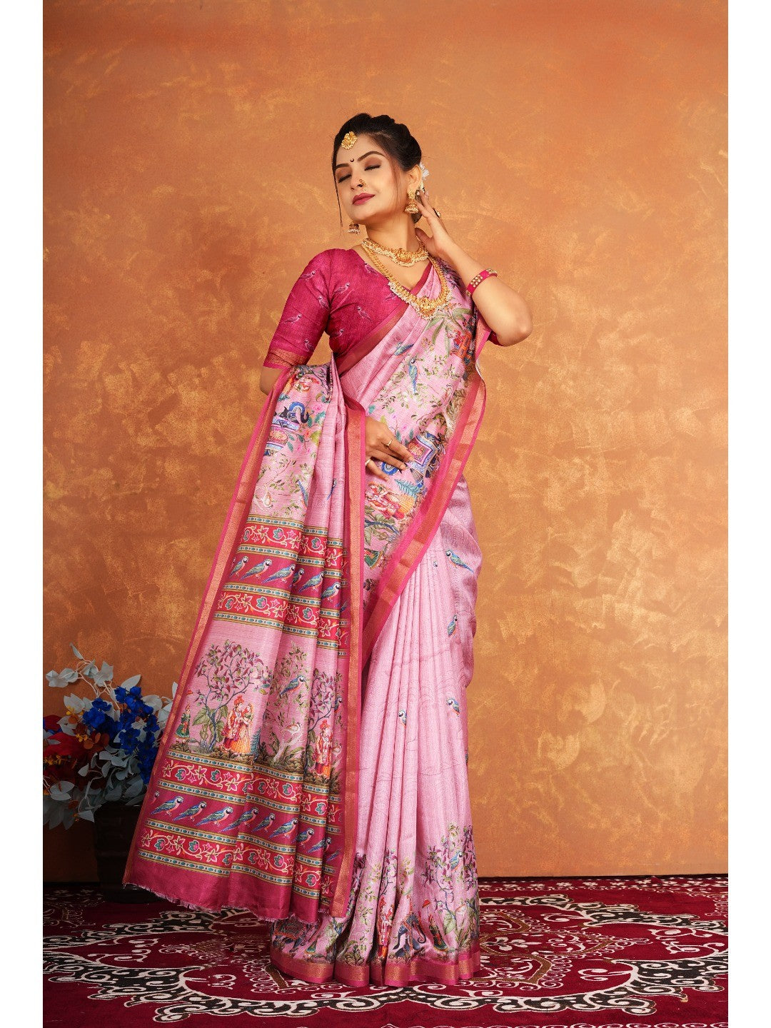 Traditional Pink Elephant & Floral Heritage Digital Printed Dola Silk Saree With Zari Border - Image 2
