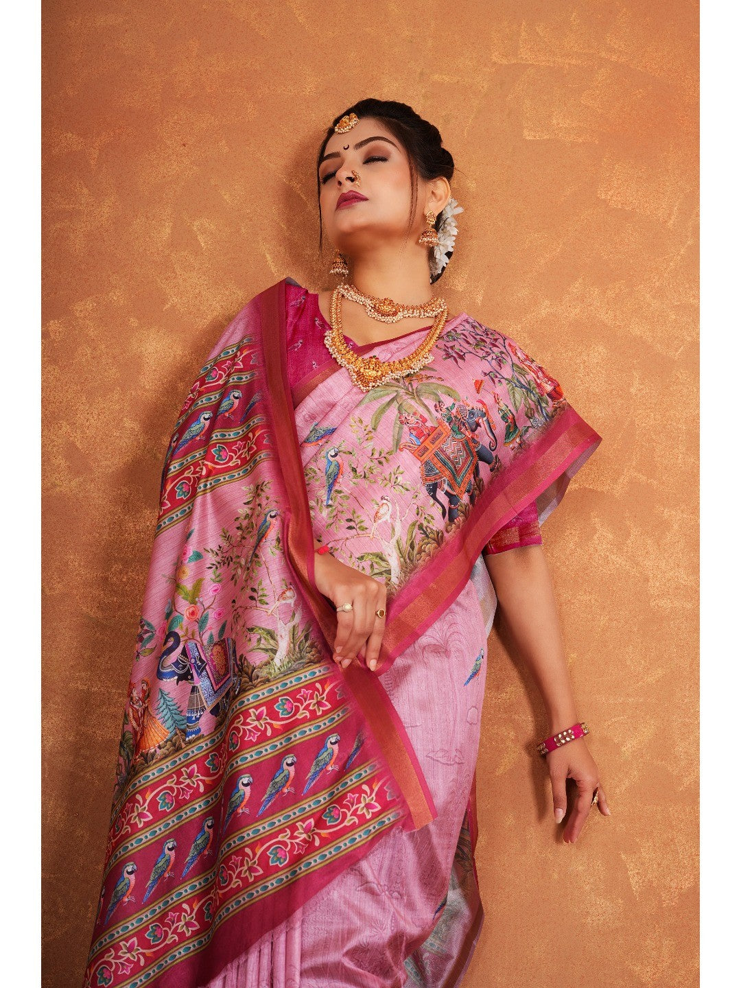 Traditional Pink Elephant & Floral Heritage Digital Printed Dola Silk Saree With Zari Border - Image 4