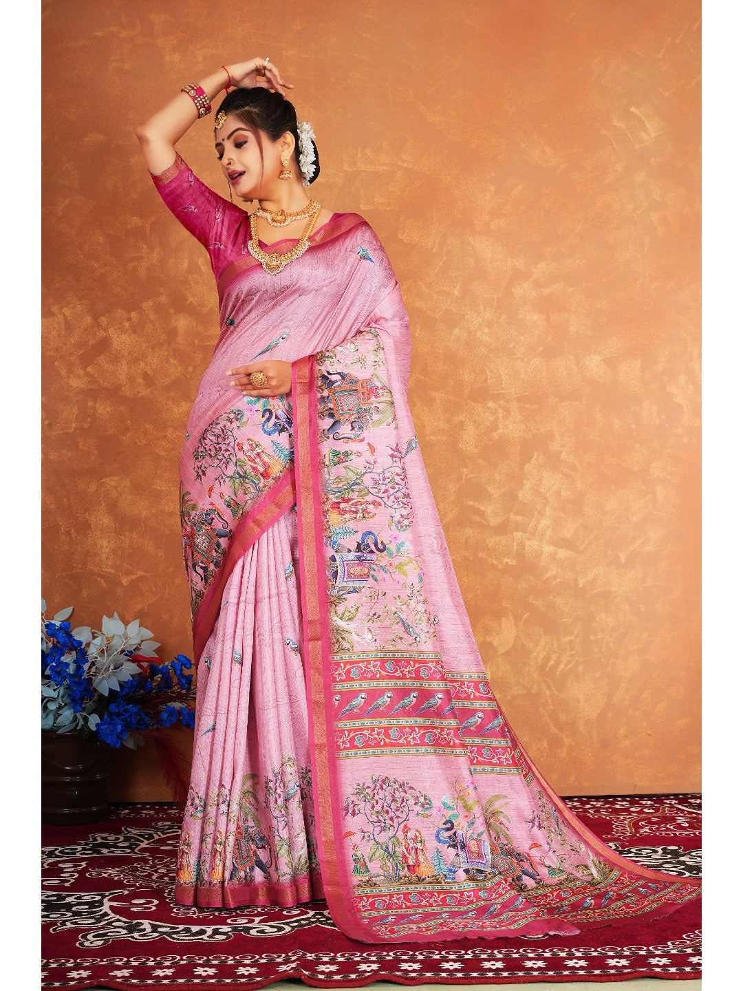 Traditional Pink Elephant & Floral Heritage Digital Printed Dola Silk Saree With Zari Border - Image 3