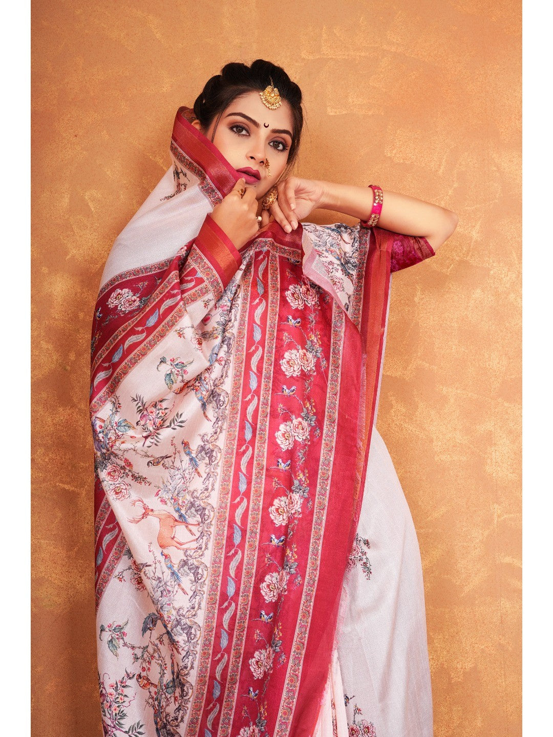 Offwhite Floral & Animal Motif Digital Printed Dola Silk Saree With Artistic Heritage Work - Image 2