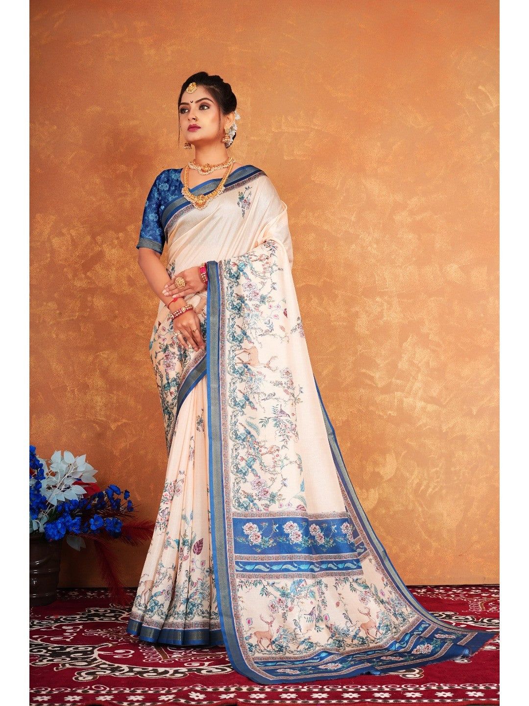 Light Peach Nature Inspired Digital Print Dola Silk Saree with Elegant Floral & Animal Design Work - Image 1