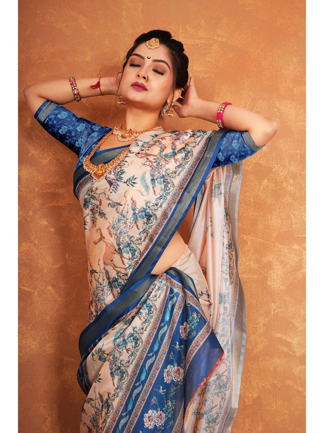 Light Peach Nature Inspired Digital Print Dola Silk Saree with Elegant Floral & Animal Design Work - Image 2