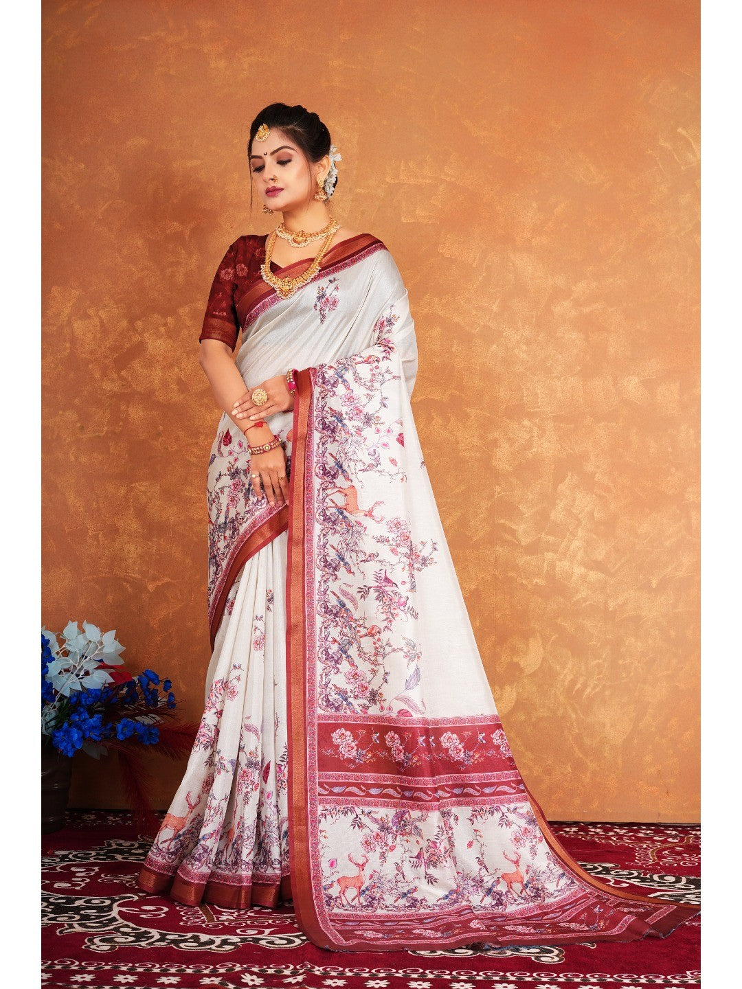 Cream Exotic Floral & Animal Pattern Digital Print Dola Silk Saree With Graceful Detailing Work - Image 1
