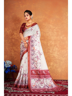 Cream Exotic Floral & Animal Pattern Digital Print Dola Silk Saree With Graceful Detailing Work - Image 1