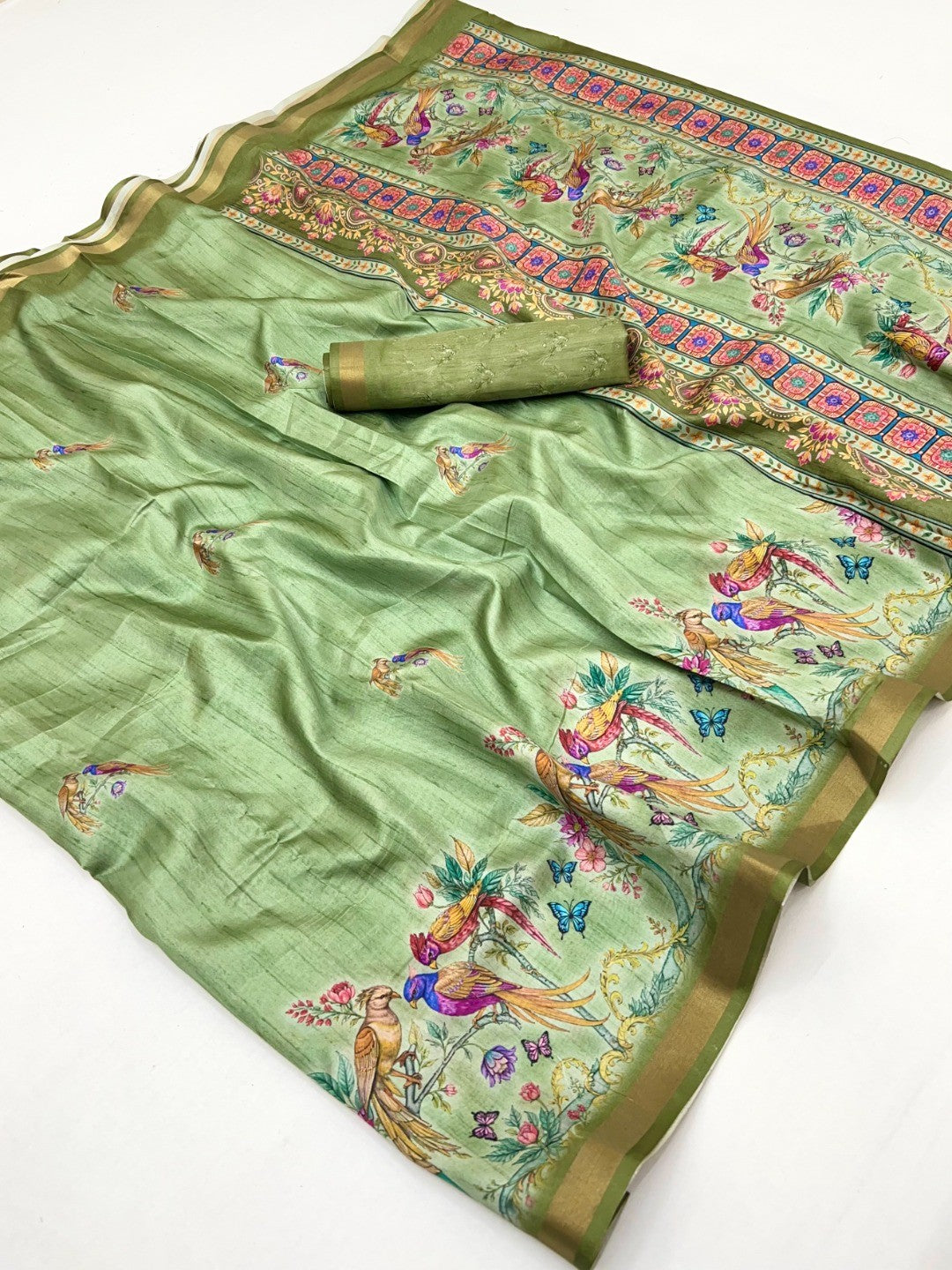 Elegant Green Dola Silk Saree with Vibrant Digital Print and Zari Border - Image 2