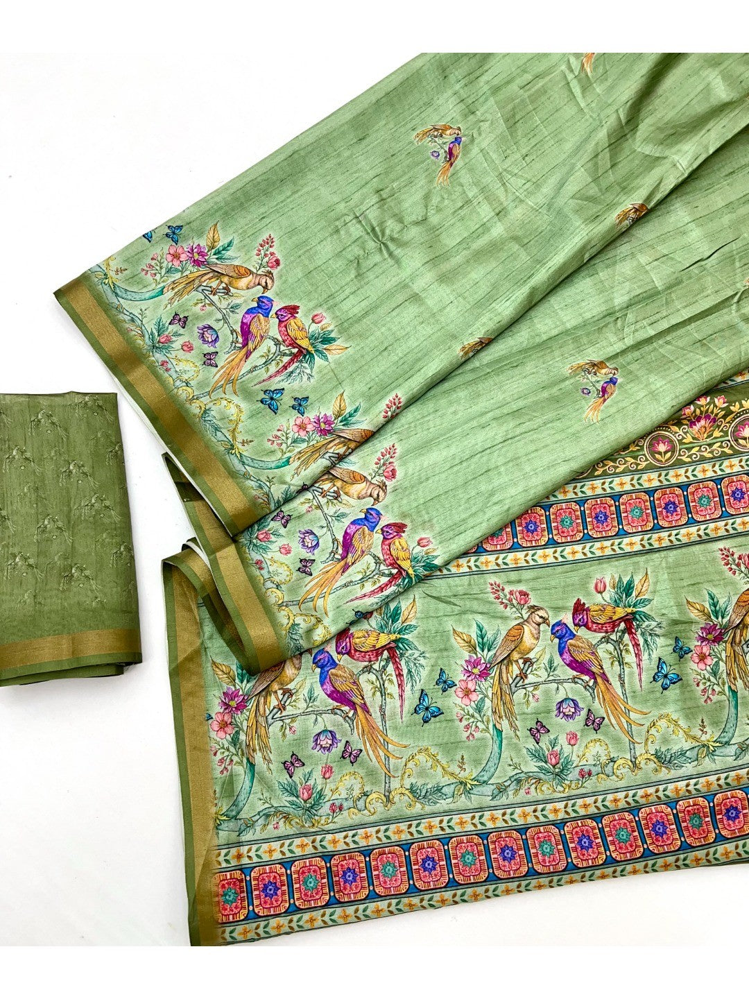 Elegant Green Dola Silk Saree with Vibrant Digital Print and Zari Border - Image 3