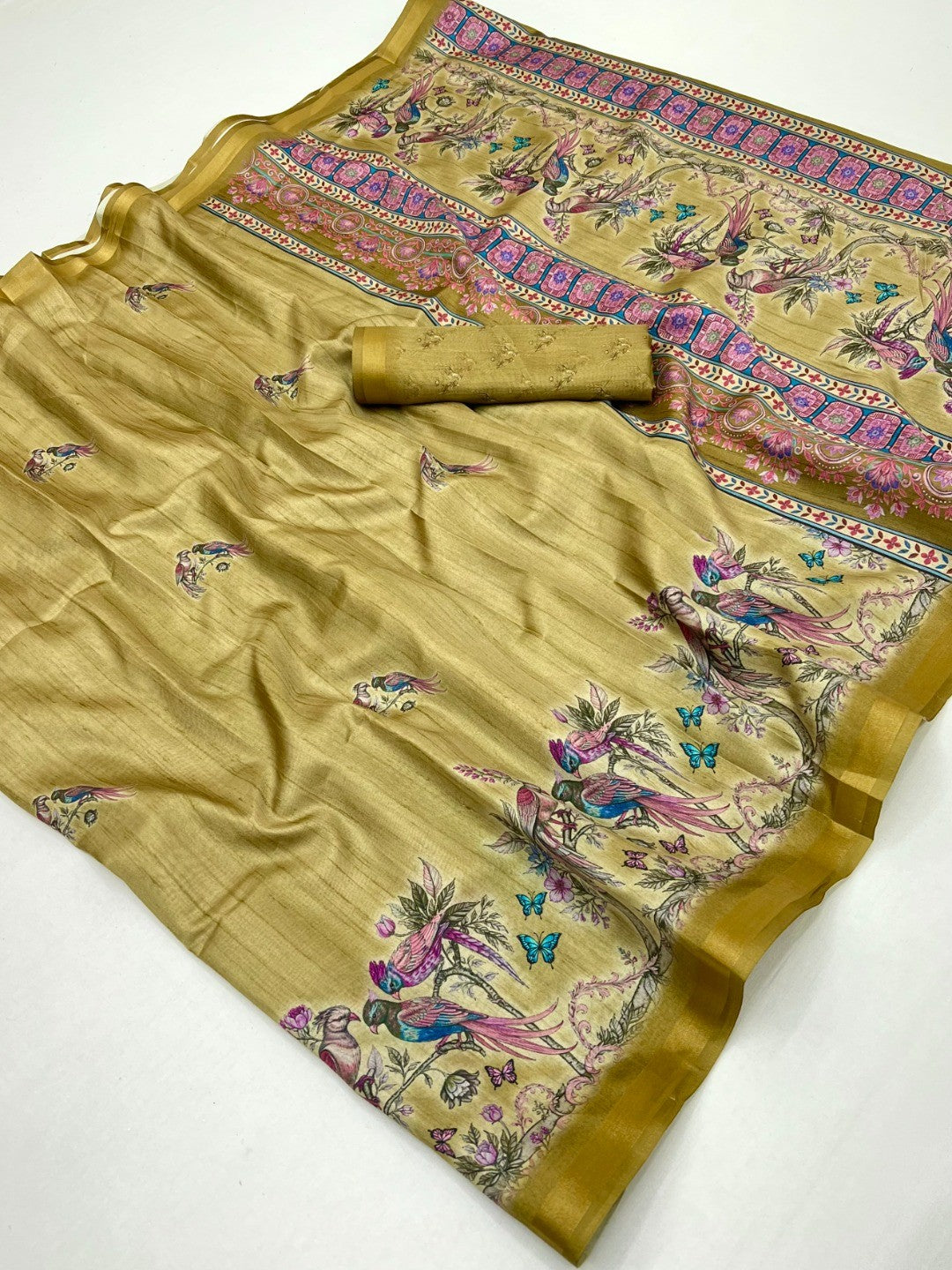 Mustard Dola Silk Saree with Elegant Digital Print and Zari Border - Image 2