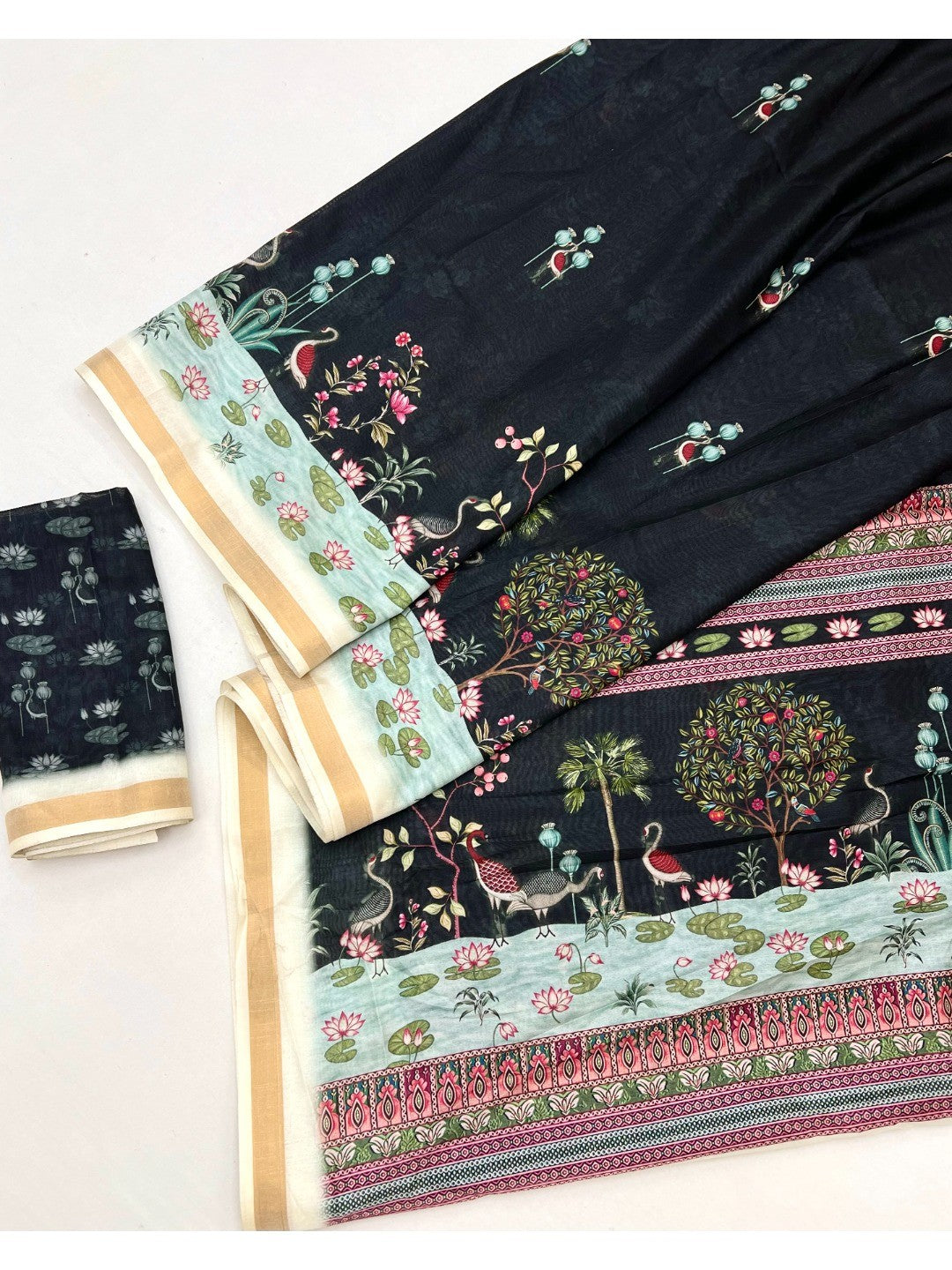 Elegant Black Dola Silk Saree with Digital Print and Zari Border - Image 3