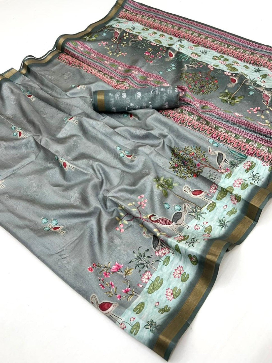 Elegant Grey Dola Silk Saree with Digital Print and Zari Border - Image 2
