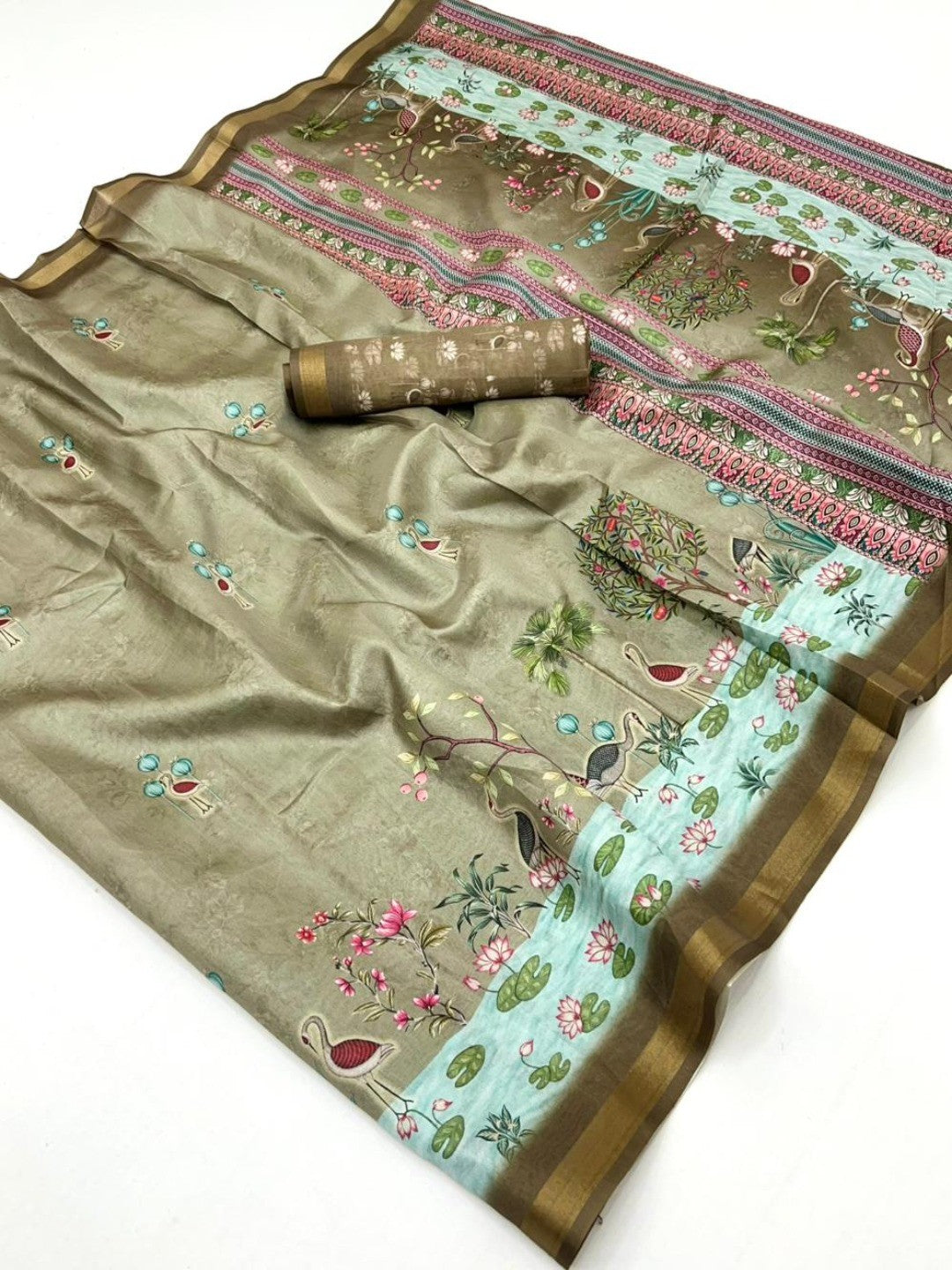 Elegant Olive Dola Silk Saree with Digital Print and Zari Border - Image 2