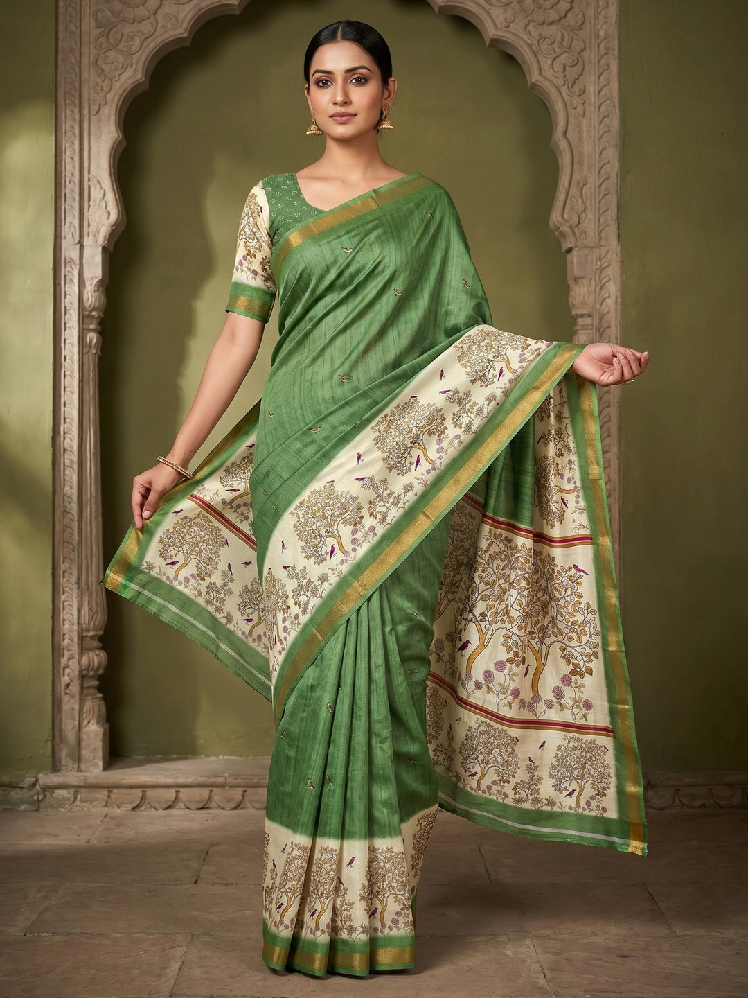 Green Digital Printed Dola Silk Saree with Zari Border Lightweight Festive Wear - Image 1