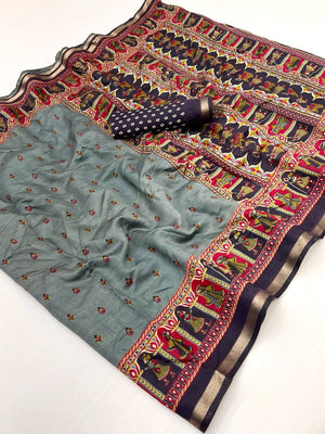 Elegant Grey Viscose Saree with Zari Border and Traditional Fancy Print - Image 2